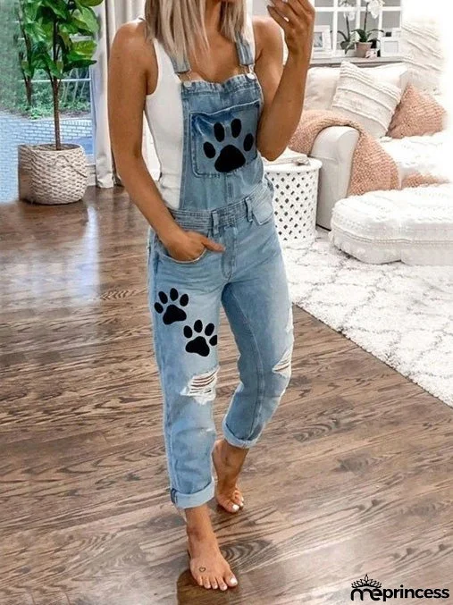 Women's Jumpsuits Animal Paw Washed Ripped Denim Jumpsuit