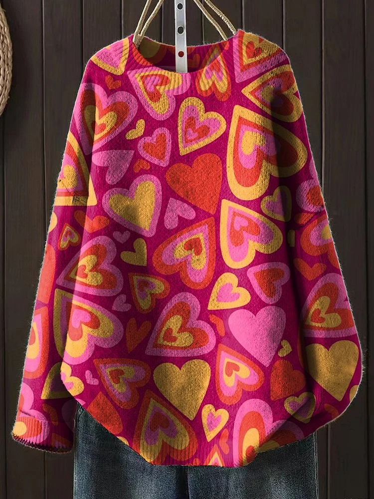 Retro Style Groovy Heart Pattern Printed Knit Pullover Sweater