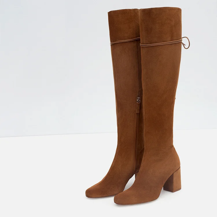 Tan Vegan Suede Long Boots Back Lace up Chunky Heel Knee High Boots |FSJ Shoes