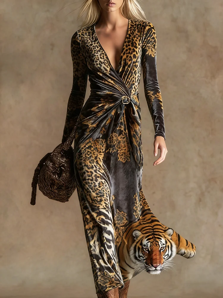 Elegant vintage print V-neck velvet maxi dress