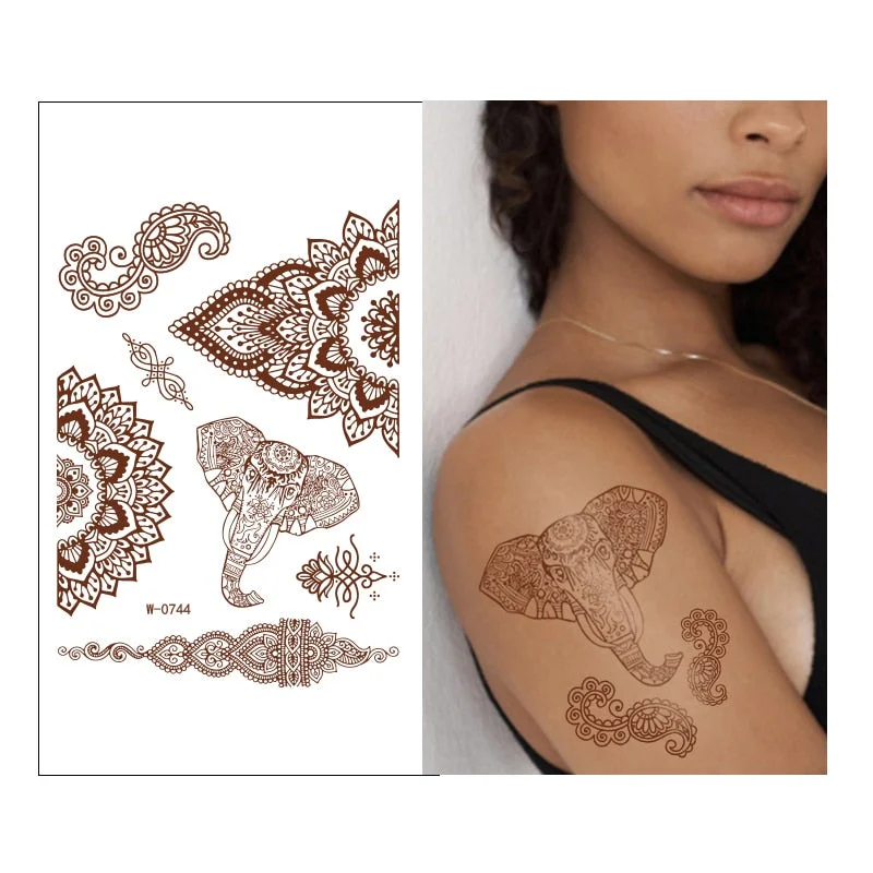 Henna Tattoo Sticker Temporary Brown Henna Chest Hand Lace Henna Mandala Flash Tattoos Sticker Body Art Arm Fake Tatoo Women Men