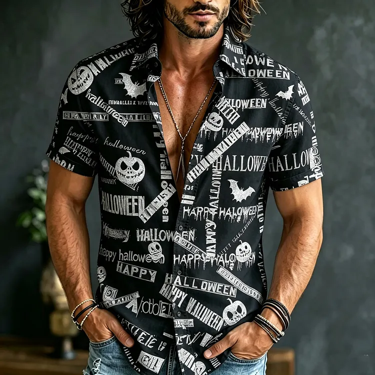 Men's Retro Halloween Bat And Pumpkin Print Short-sleeve Shirt