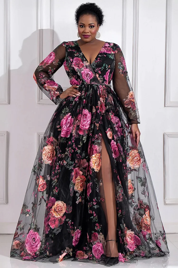 Xpluswear Design Plus Size Formal Black Floral Wrap Neck Split Vintage Tulle Maxi Dresses [Pre-Order]