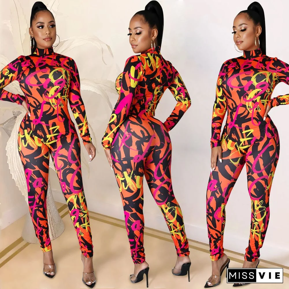 Sexy Print Sporty Long Sleeve Women Bodycon Jumpsuits