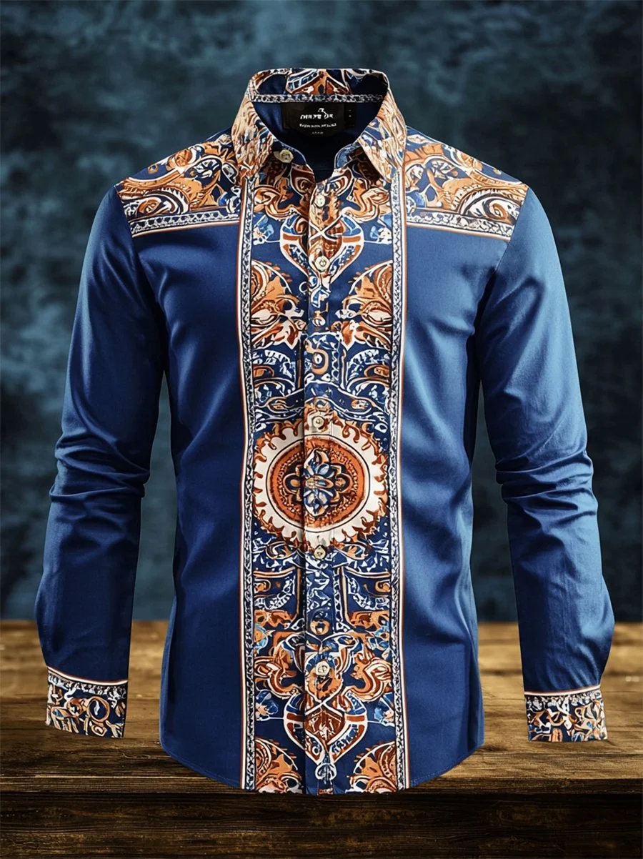 Men's Retro Casual Western Ethnic Print Long Sleeve Shirt 