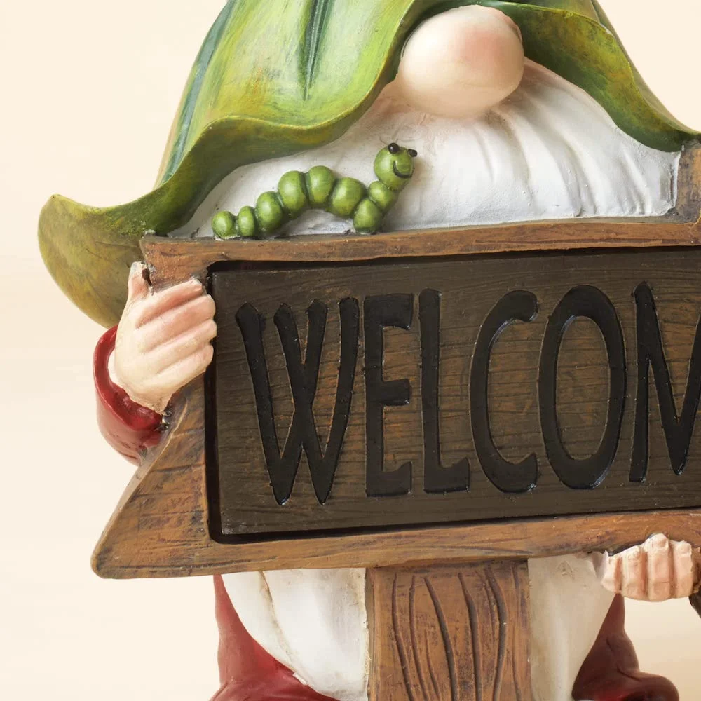 Gnome Statue Holding Welcome Sign with Solar LED Lights