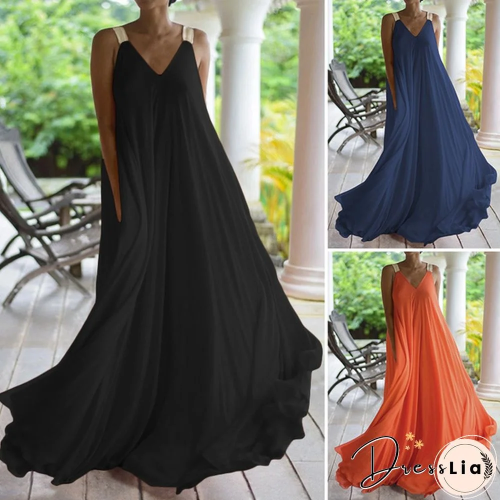 Zanzea Summer Sleeveless V Neck Maxi Dress Woemn Sundress Pure Color Flowy Long Swing Dress Vestido