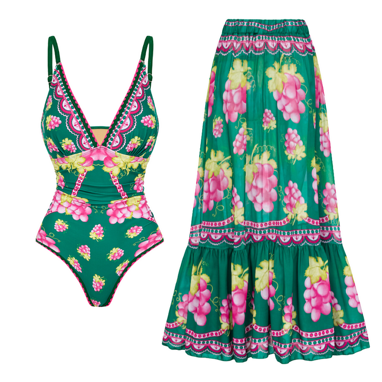 Deep V Retro Green Grapes Print One Piece Swimsuit and Skirt