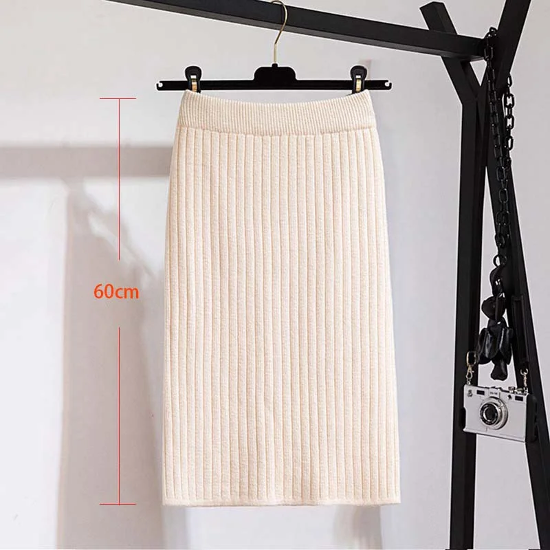 60-80CM Elastic Band Women Skirts Autumn Winter Warm Knitted Straight Skirt Ribbed Ribbed Mid-Long Skirt Black