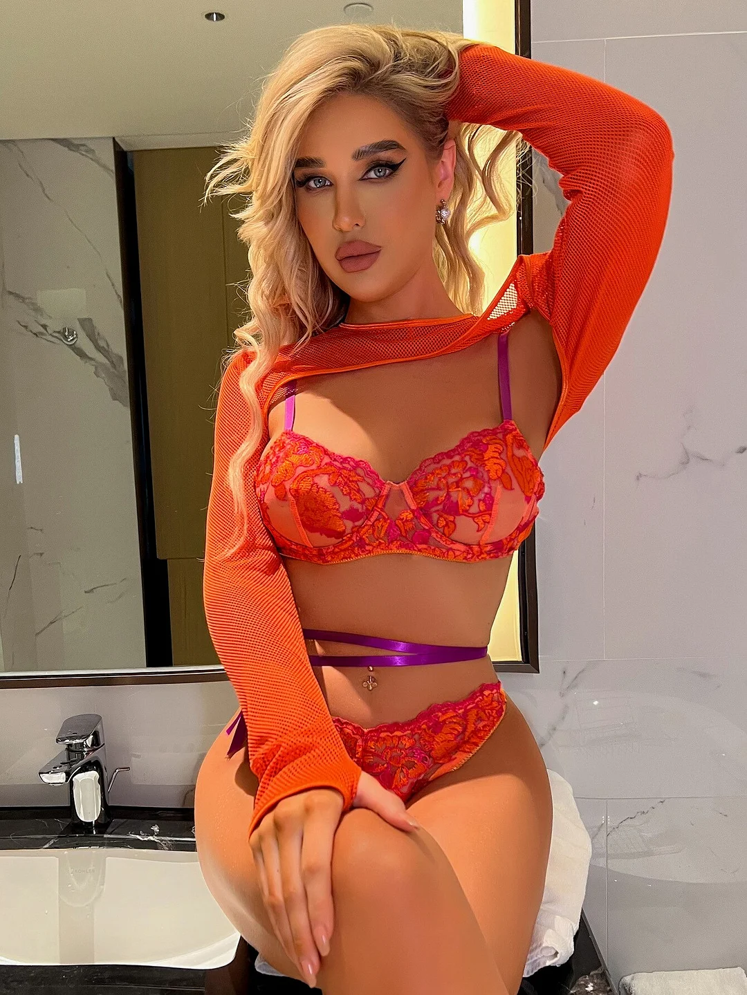 Billionm Fancy Lingerie With Crop Top 4-Pieces Sexy Thong Transparent Sensual Intimate Orange Delicate Underwear Bilizna Set