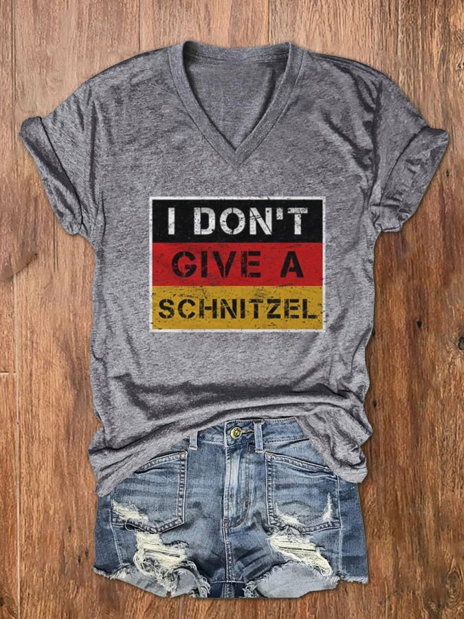 Women's I Don’t Give A Schnitzel Print V-Neck T-Shirt