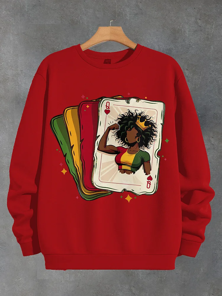 Women's Afro Queen Poker Graphic Print Cotton Long Sleeve T-Shirt Thin Sweatshirt