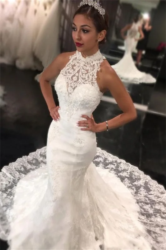 Bellasprom High Neck Lace Mermaid Wedding Dress With Appliques Sleeveless Long