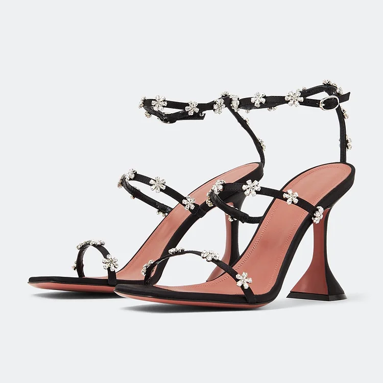 Black Satin Flower Crystal Embellishment Tri-Straps Heeled Sandals |FSJ Shoes
