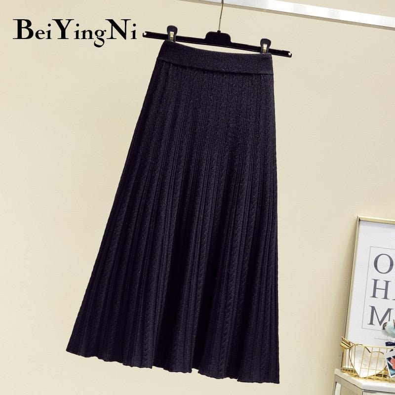 Beiyingni New Arrival Knit Skirt Women Solid Vintage Fashion Pleated Midi Skirts Ladies Knitted Soft Korean Skirt Faldas Mujer