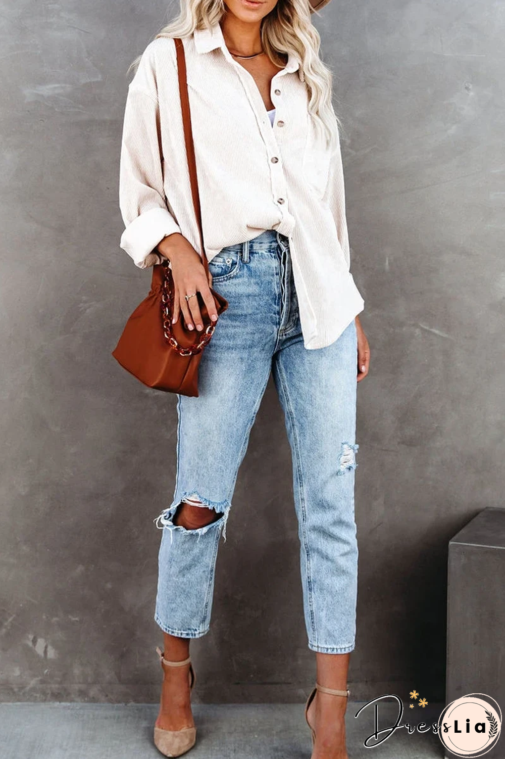 KarliDress Corduroy Button Down Pocket Top P12483