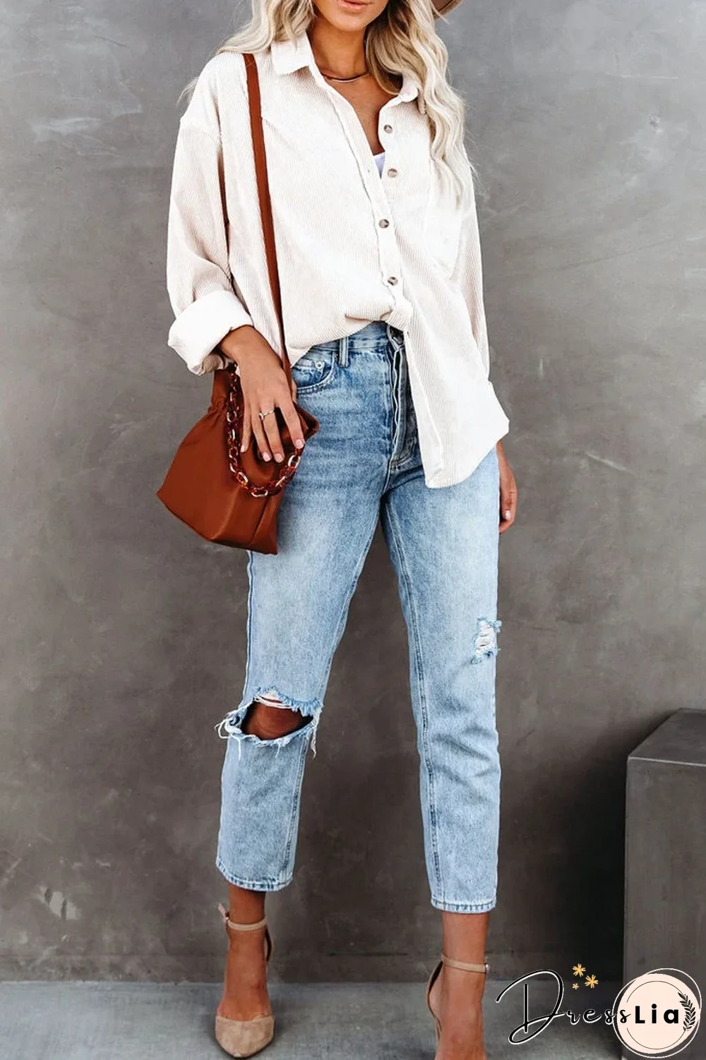 KarliDress Corduroy Button Down Pocket Top P12483