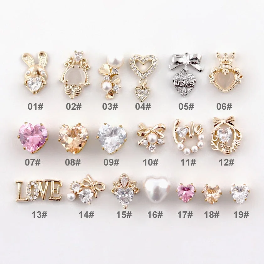 10pcs/lot 3D Love Heart Chain Alloy Nail Art Zircon Pearl Crystal Metal Manicure Nails Accessories Supplies Decorations Charms