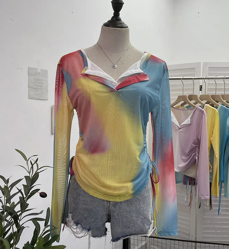 Churchf Fake Two Sunscreen Long-Sleeved T-Shirt Women Autumn Design Dizzling Drawstring Folding Short Top 9938