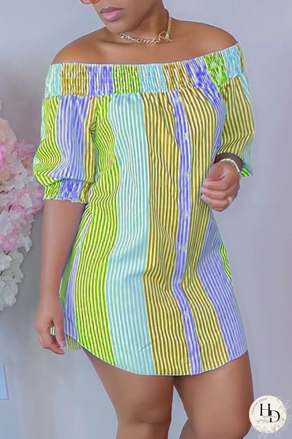 Orange Casual Striped Patchwork Off the Shoulder Straight Dresses