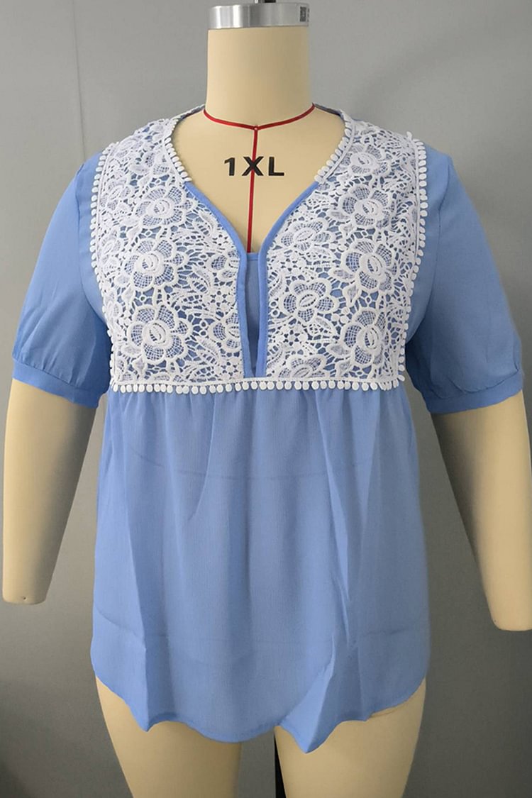 Plus Size Lace Stitching Short Sleeve Casual Blouses  Flycurvy [product_label]