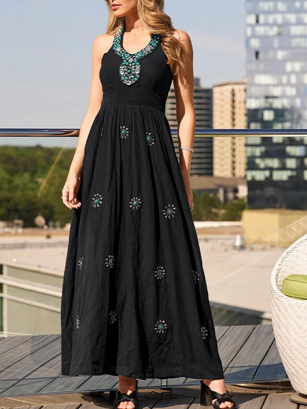 Embroidered halter neck women's maxi dress