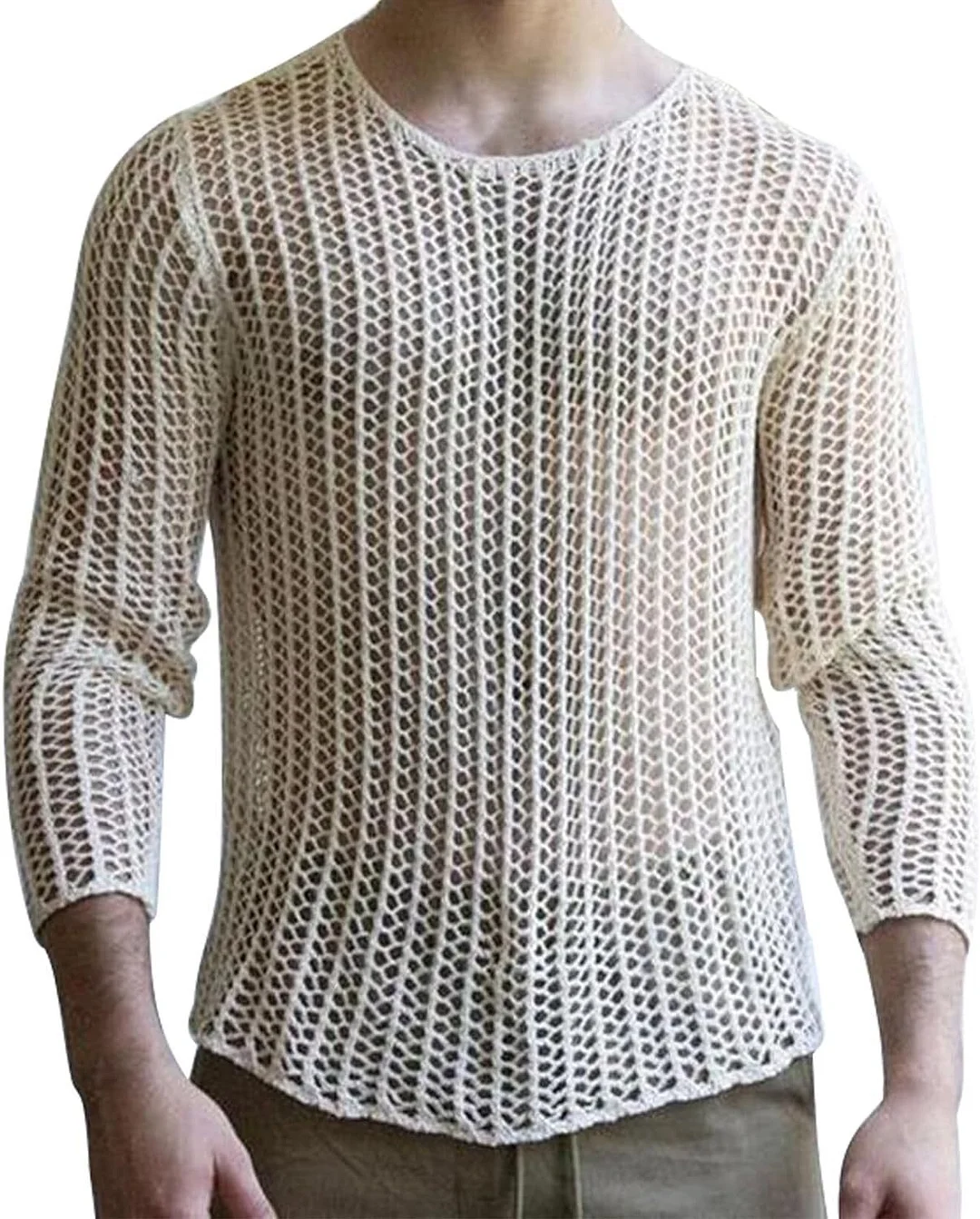 Mongw Mongw Men Summer Sun Protection Coat Hollow-Out Breathable Long Sleeve Round Neck Knit Men's Jumper Men's Top