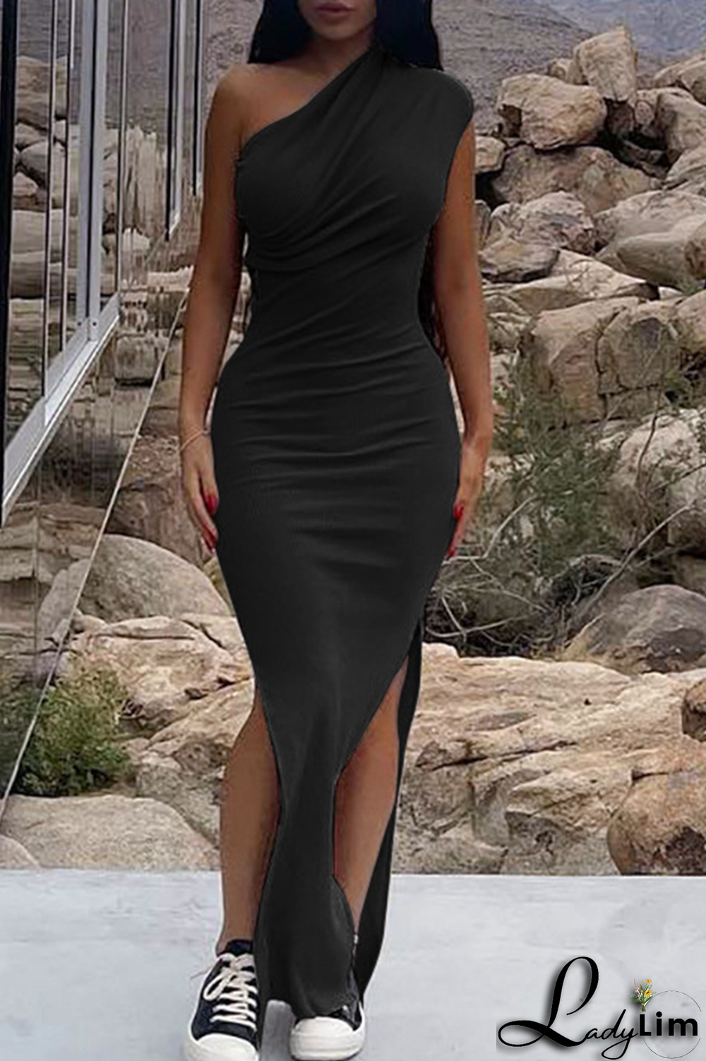 Black Fashion Solid Slit One Shoulder Pencil Skirt Dresses