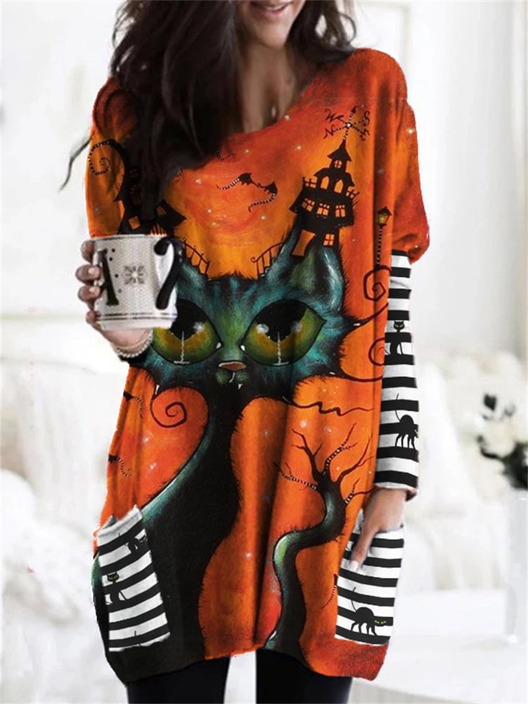 Vefave Halloween Cat Witch Striped Patch Pocket Tunic