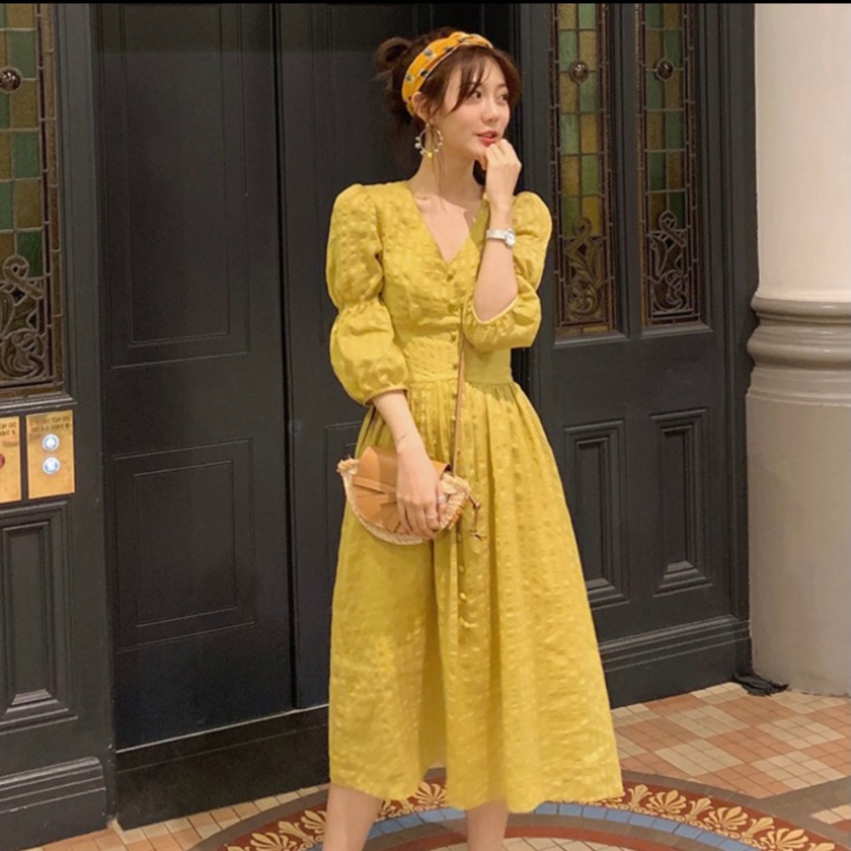 Puff Sleeve Button Front Dress main image 0