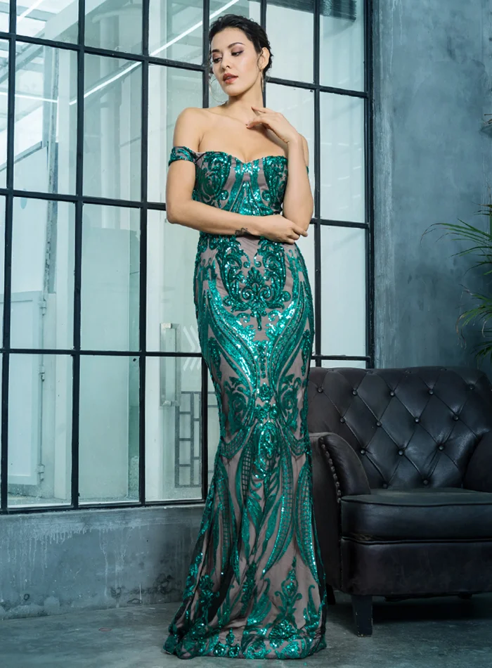 Gorgeous Off-the-Shoulder Sequins Prom Dress Long Mermaid Evening Gowns Online - lulusllly