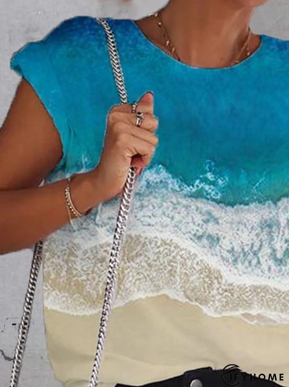 Bateau/boat Neck Short Sleeve Abstract Cotton Top | IFYHOME