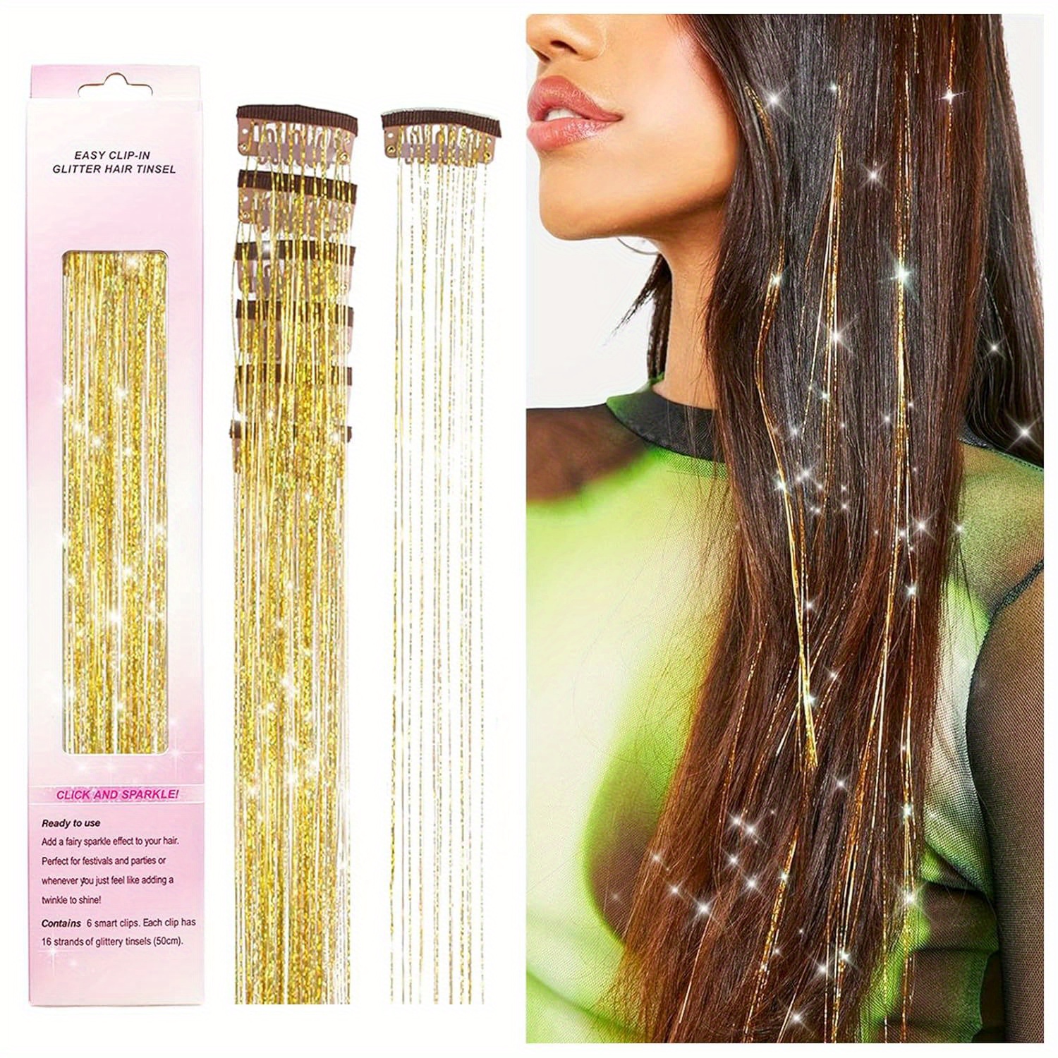 Hair Tinsel 6 Pcs, Clip In Hair Tinsel 20 Inch Colorful Glitter Tinsel Hair Extensions, Festival Gift Tinsel Fairy Hair Extension Party Dazzle Hair Accessories Strands Kit (20 Inch 6Pcs, Colorful) Hair Accessories Synthetic Halloween Christmas