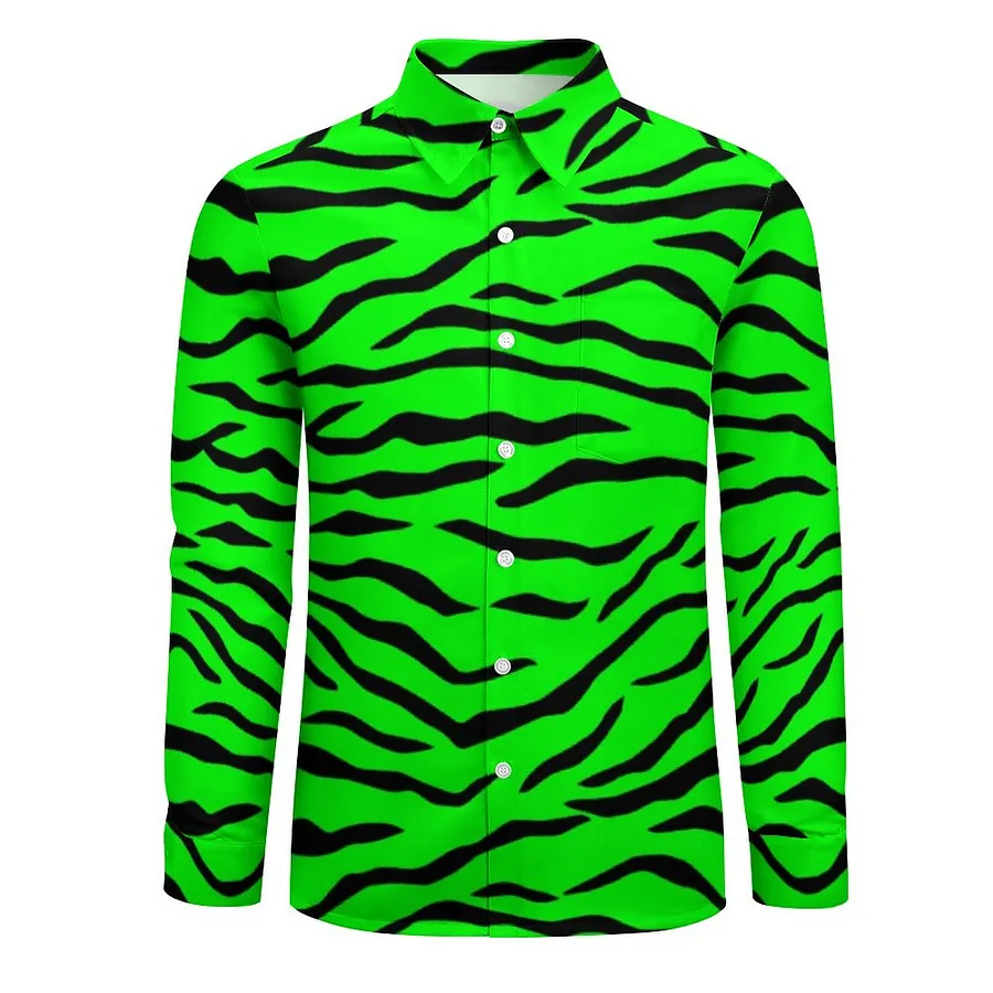 Bright Neon Green And Black Tiger Stripes Men's Casual Long Sleeve Button Down Pocket Shirt Black & Stripes-XS