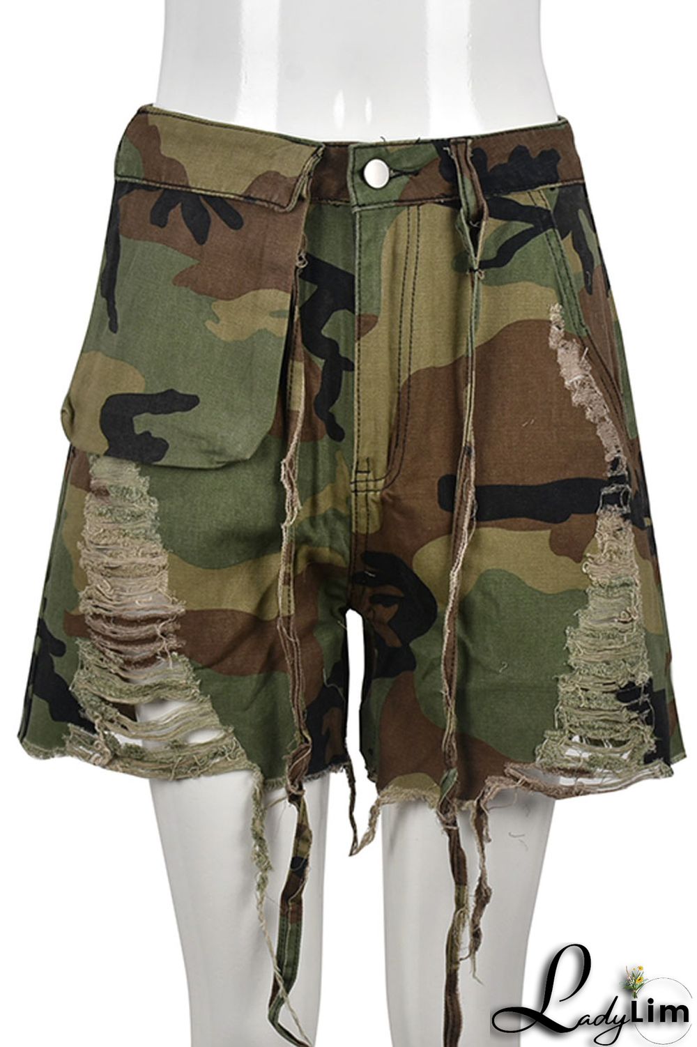 Camouflage Fashion Casual Camouflage Print Ripped Patchwork Regular High Waist Shorts