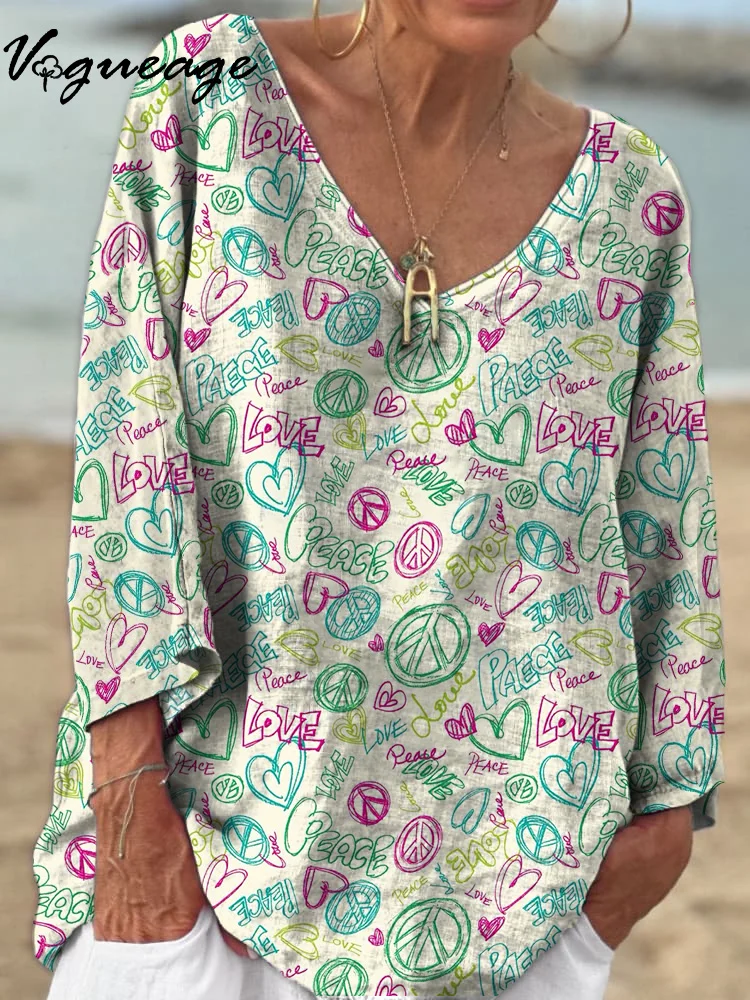 Casual Colorful Hand Drawn Lines Love Heart Peace 3/4 Sleeves Printed Cotton And Linen Shirt