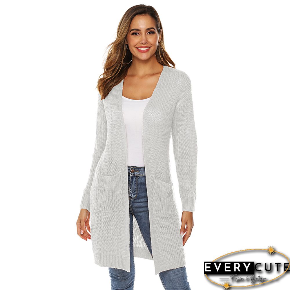 White Open Front Cardigan With Pockets