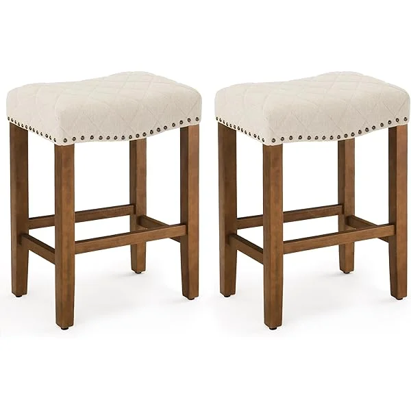 Counter Height Bar Stools Set of 2, Breathable Fabric Stools for Kitchen Island Counter, Backless Counter Stools with Wooden Legs, 24 Inch, Linen Color
