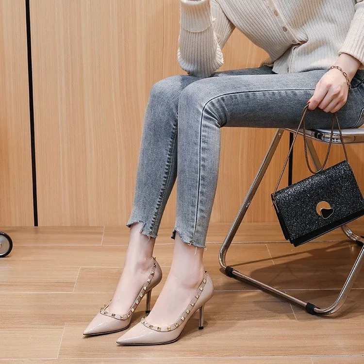 Breakj Breakj Spring And Summer New Rivet Tip High Heel Female Fine Leather Black Patent Leather OL Nightclub Ultra-High Heel Single Shoes