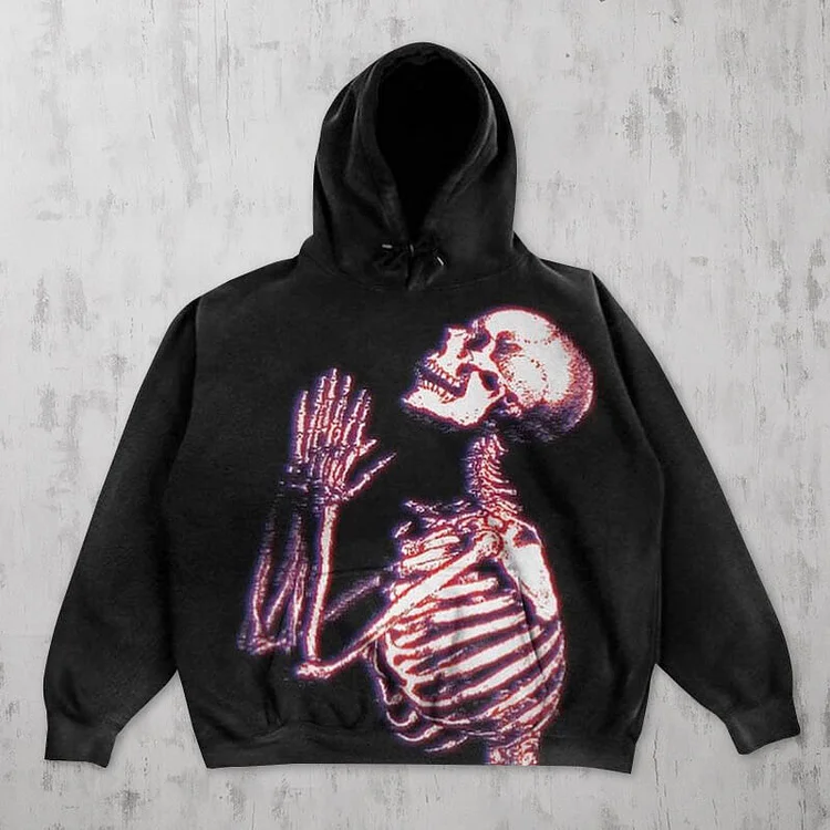 Praying Purple And White Skull Lazy Street 3D Printing Loose Hooded long-sleeved Sweater Hoodie at Hiphopee