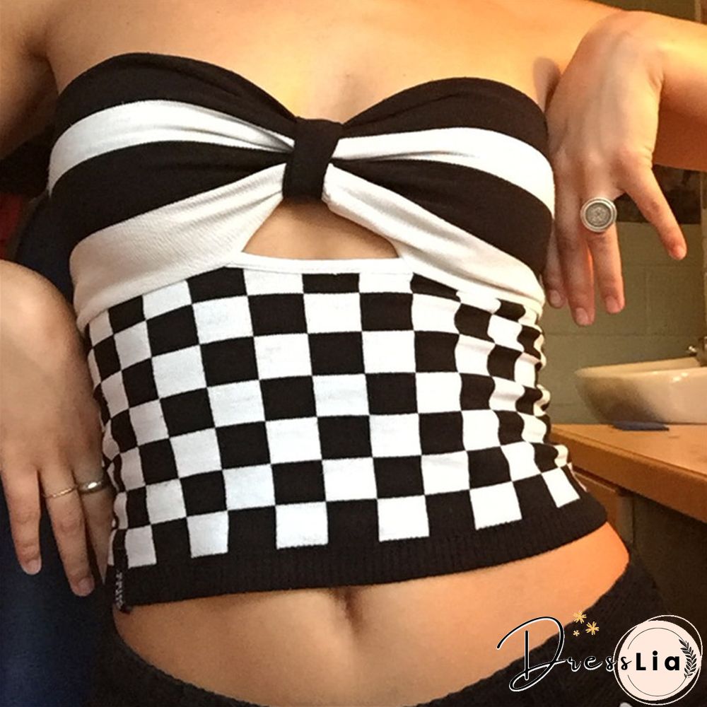 Patchwork Bow Checkered Bandeau Top