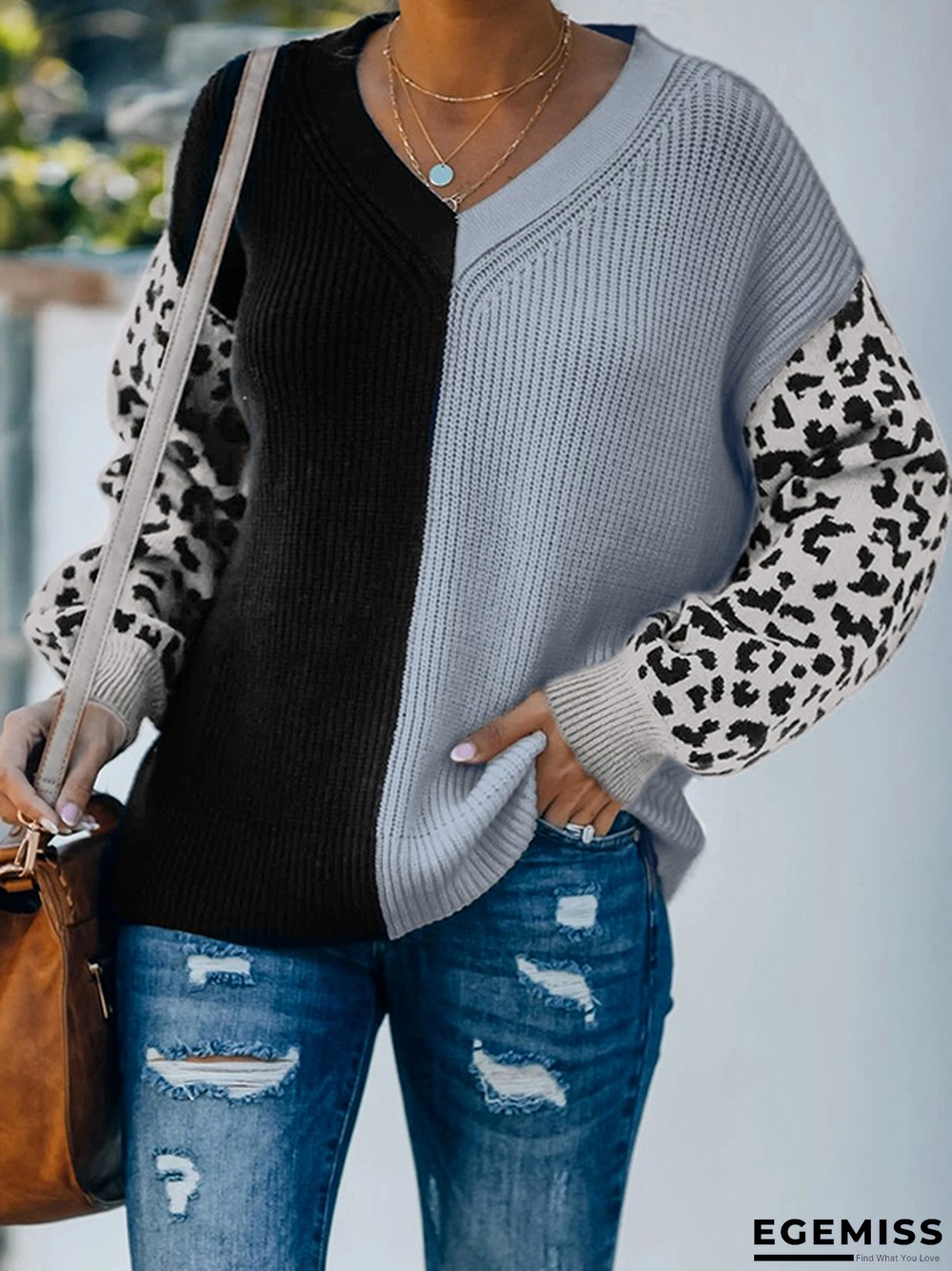 Leopard Color Block V Neck Casual Sweater | EGEMISS