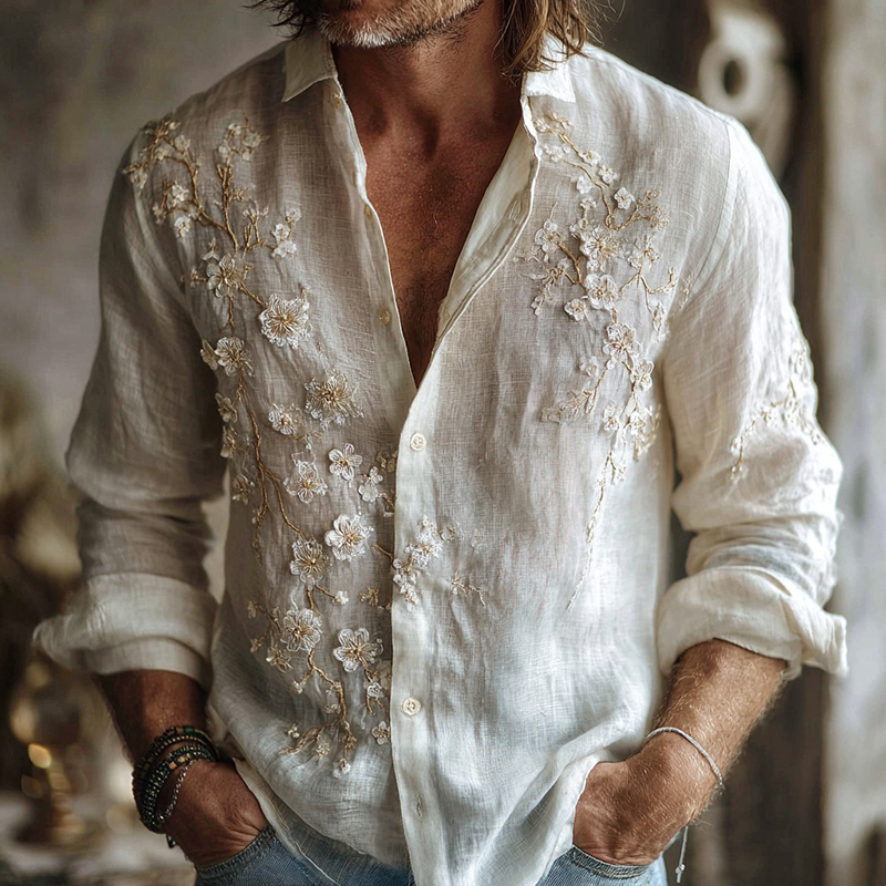 Men's Retro Apricot Blossom Art Linen Shirt  artssus