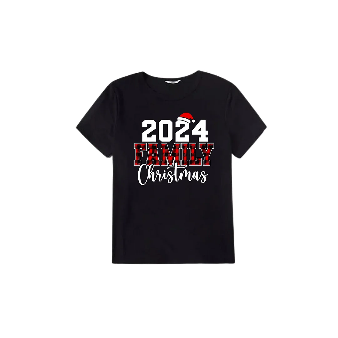 2024 Family Christmas Text Print Black Short Sleeve with Red & Black Plaid Pant Family Matching Pajamas