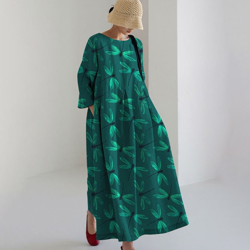 Comstylish Dragonfly Print Crew Neck Casual Midi Dress