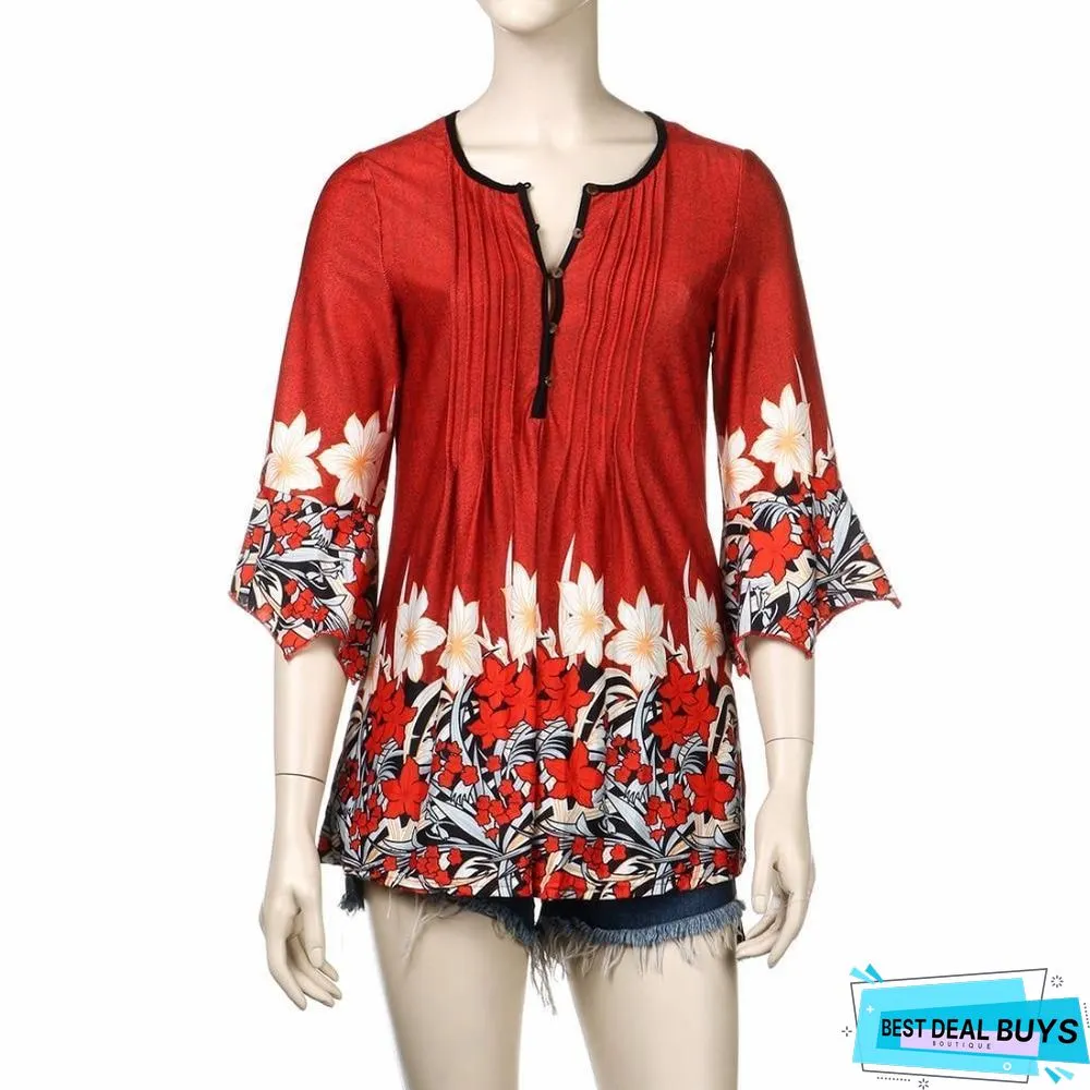 Women Plus Size Three Quarter Sleeve Floral Print Causal Loose Tunic Blouse Shirts