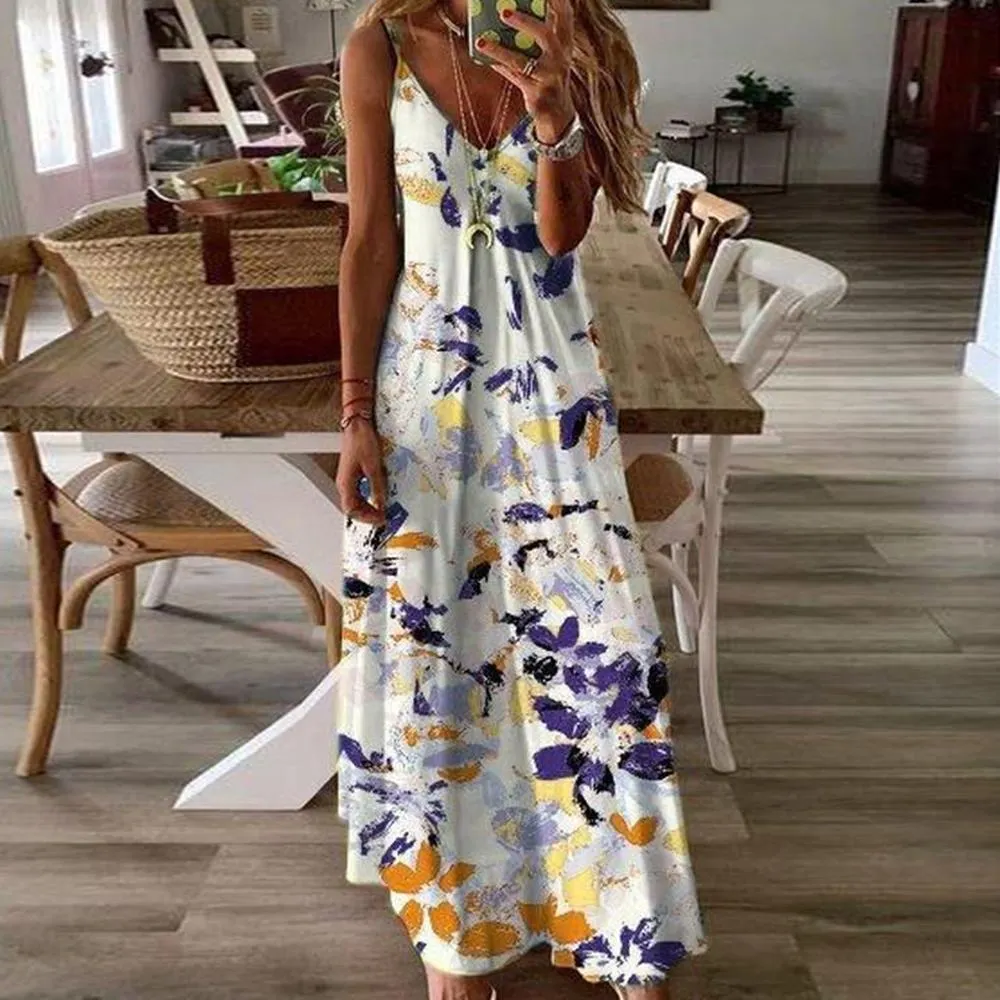 Elegant Spaghetti Straps V-Neck Printed Maxi Dress-vocosishoes