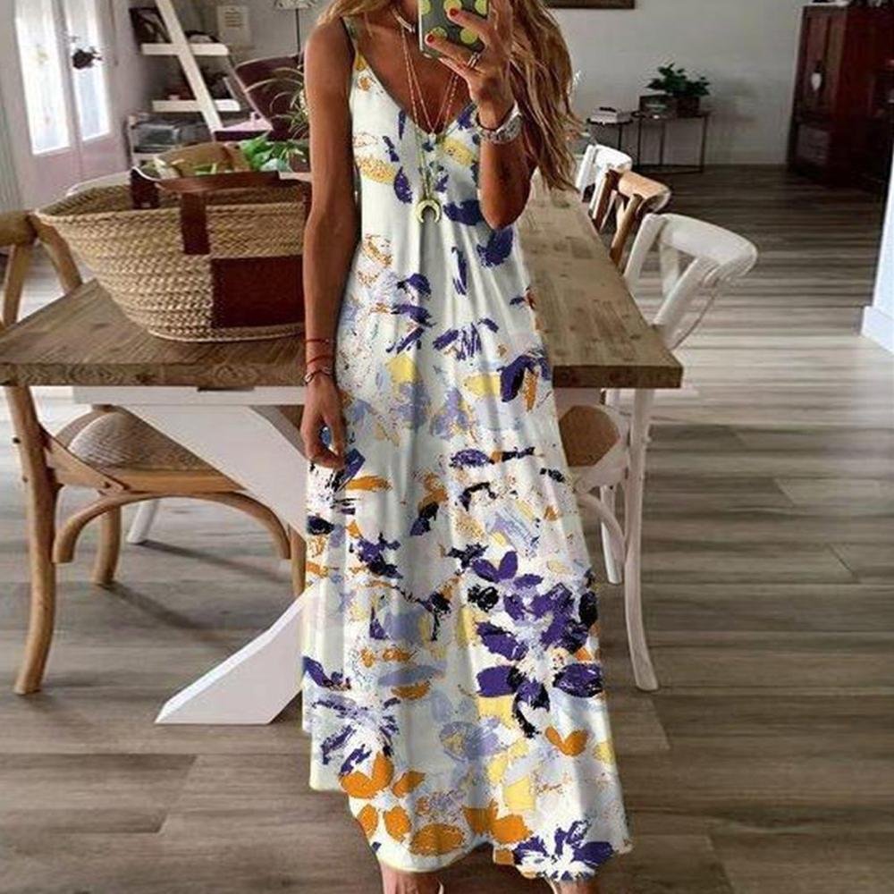 Elegant Spaghetti Straps V-Neck Printed Maxi Dress