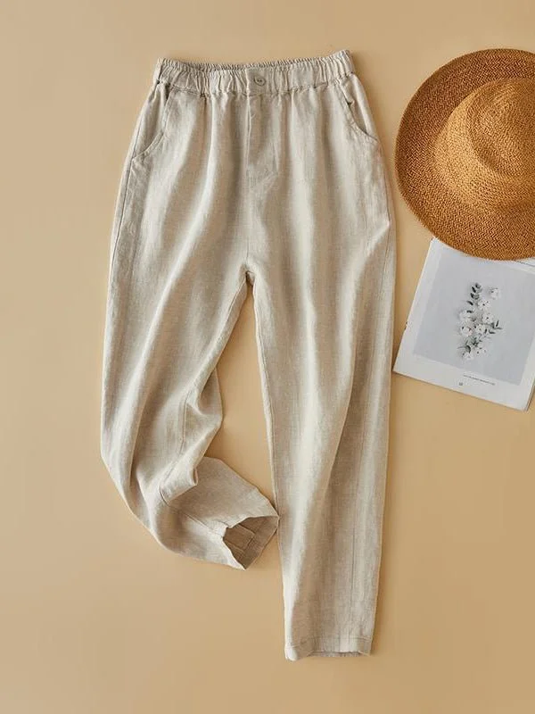 100% Linen Solid Color Versatile Art Casual Pants