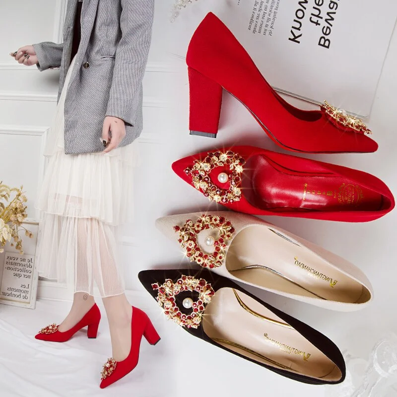 Women Pumps Red High Heel Wedding Shoes Elegant Pointed Toe Heart Rhinestone Ladies Pumps Women Dress Party Shoes